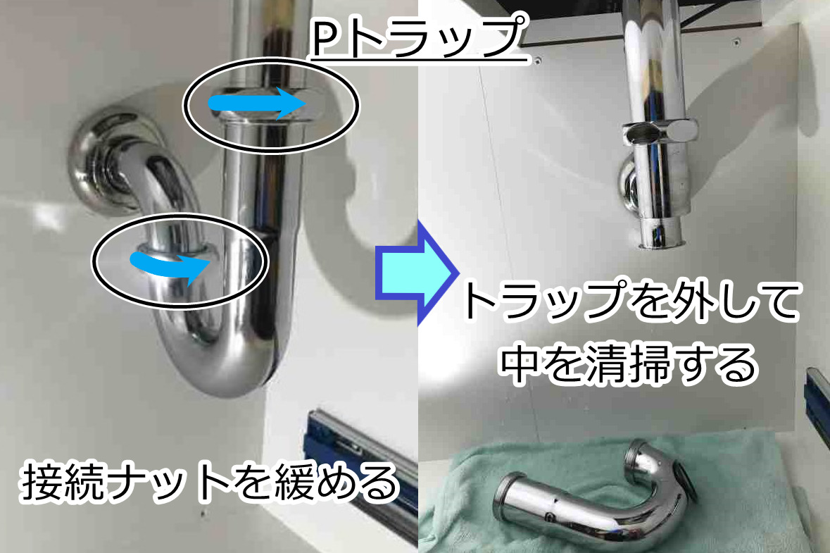 Pトラップ　接続ナットを緩めてトラップを外します