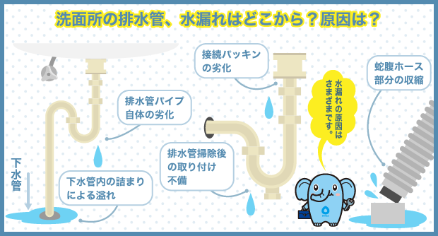 洗面所の排水管、水漏れはどこから？原因は？